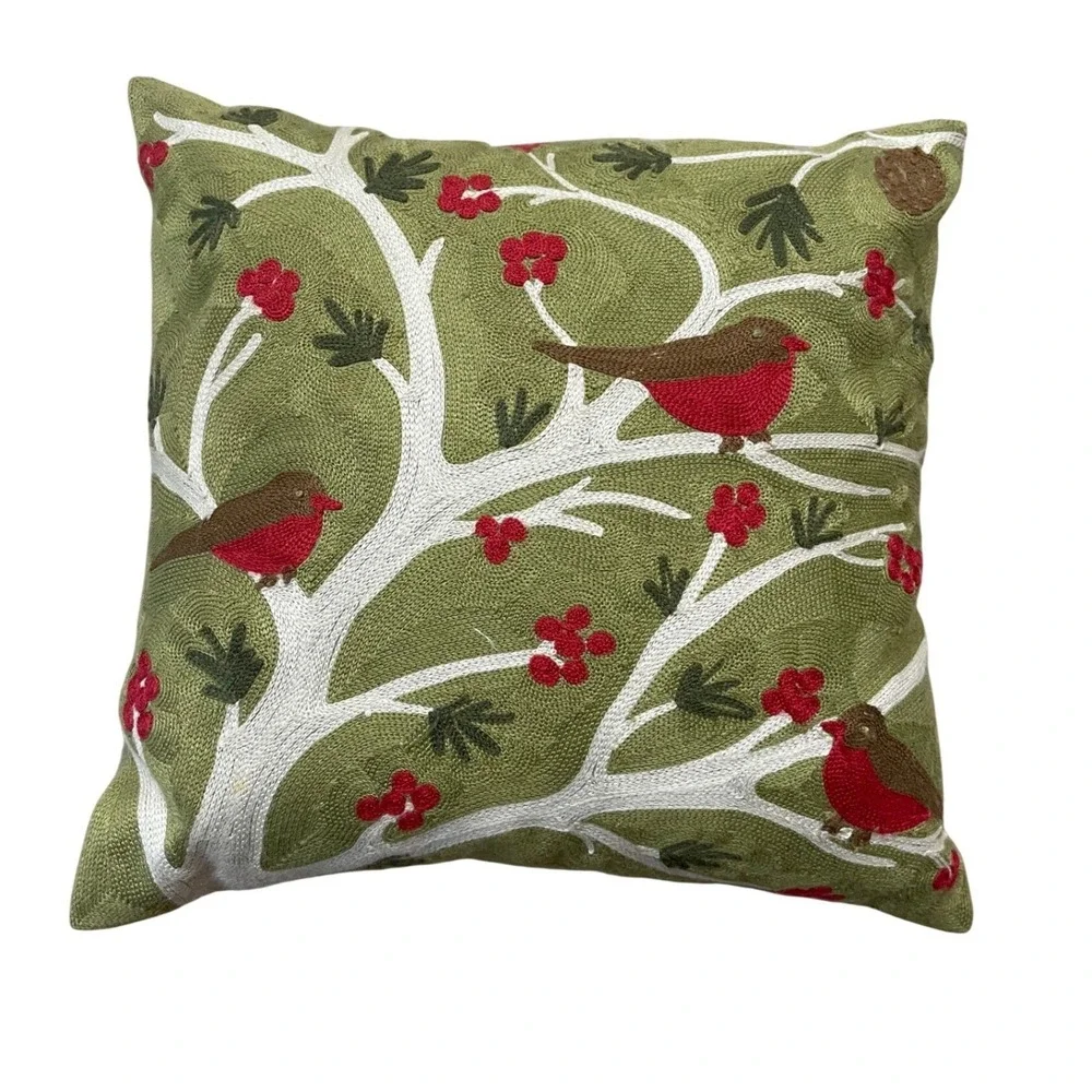 Pottery Barn Embroidered Bird Berries Limbs 17 x 17 Pillow w Feather Insert